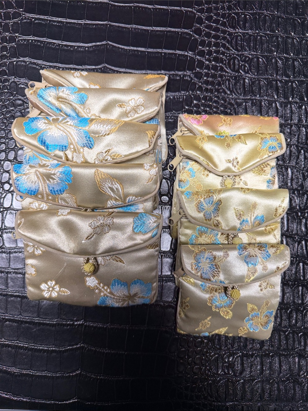 Honora Gold Satin Floral Embroidered Fold-Over with Blue Accents Jewelry Pouch